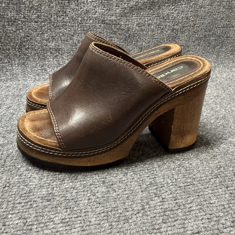 Vintage Candies Y2K Mule Womens 6 Brown Leather Wood Chunky Heel Hobo Hippie 00s